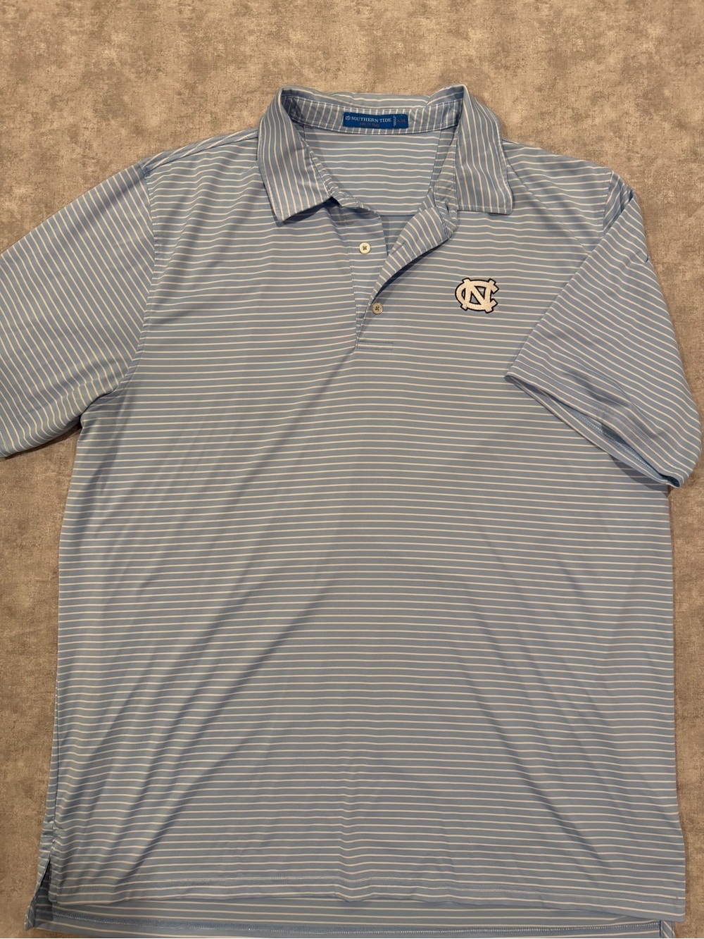 Southern Tide Light Blue Striped Polo with UNC Logo - Men's